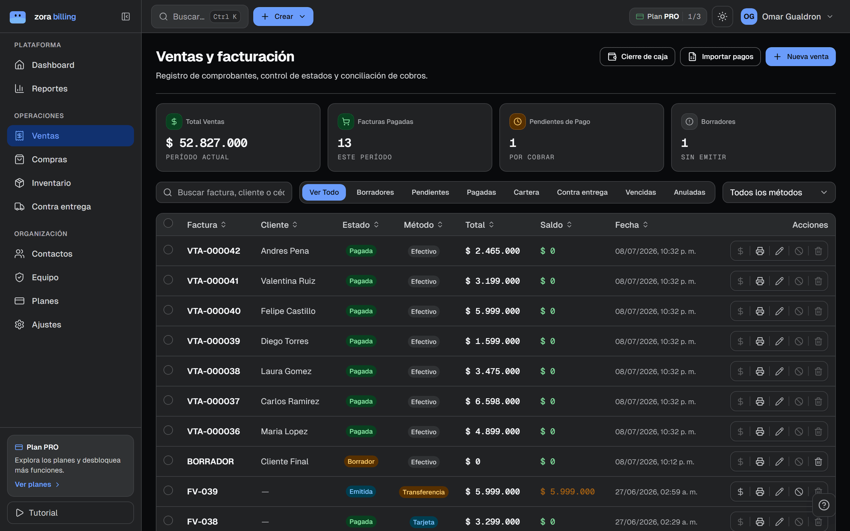 Módulo real de ventas y facturación de Zora Billing